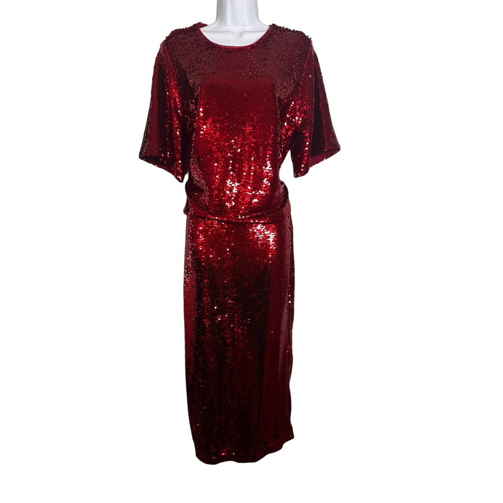 Ann Taylor Red Sequin Two Piece Set Shirt and Midi Skirt Holiday Party NWOT SZ M